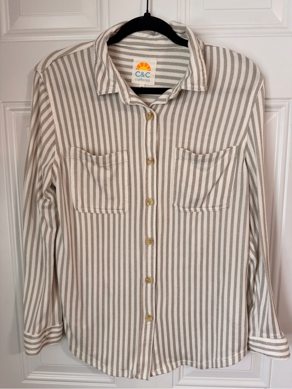 C&C California Beige and White Striped Casual Button-Down Shirt